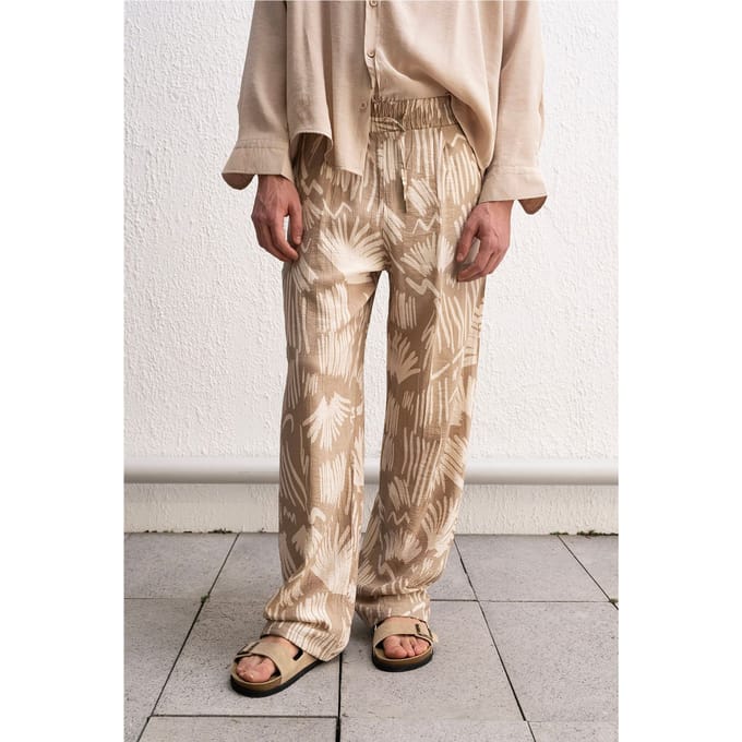 Ontspannen Pasvorm Wijde Pantalon met Patroon en Touwsluiting