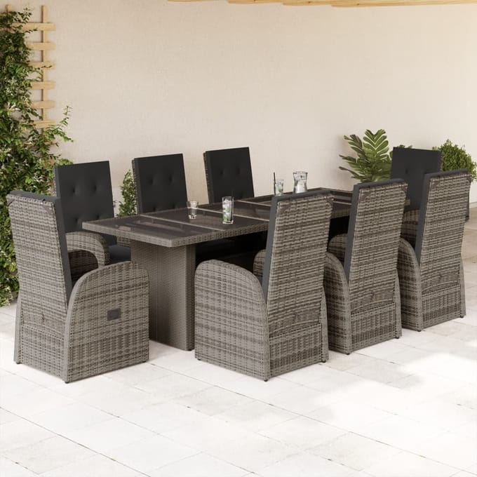 vidaXL - 9-delige - Tuinset - met - kussens - poly - rattan - grijs