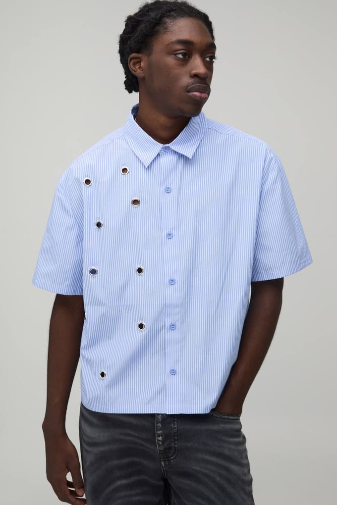 Oversized Boxy Shirt Met Korte Mouwen, Streeppatroon En Oogjesdetail | Blue | Size Medium
