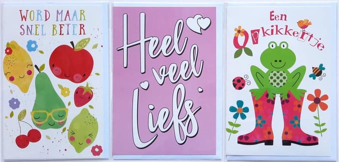 3 Wenskaarten - Beterschap + Veel liefs + Opkikkertje - 12 x 17 cm – BET-304