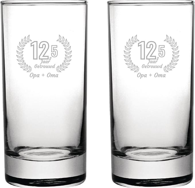 Gegraveerde set Longdrinkglazen 28,5cl Opa + Oma 12,5 jaar getrouwd