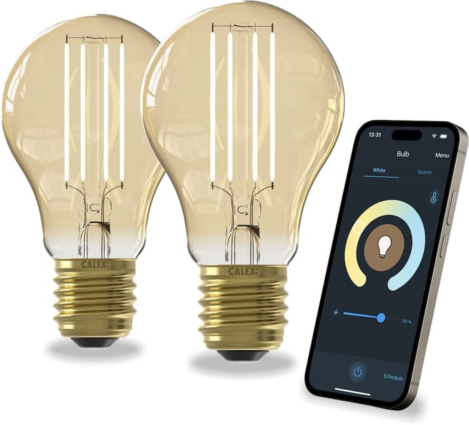 Calex Slimme Lamp -  Set van 2 stuks - Wifi LED Filament Verlichting - E27 - Smart Lichtbron Goud - Dimbaar - Warm Wit licht - 7W