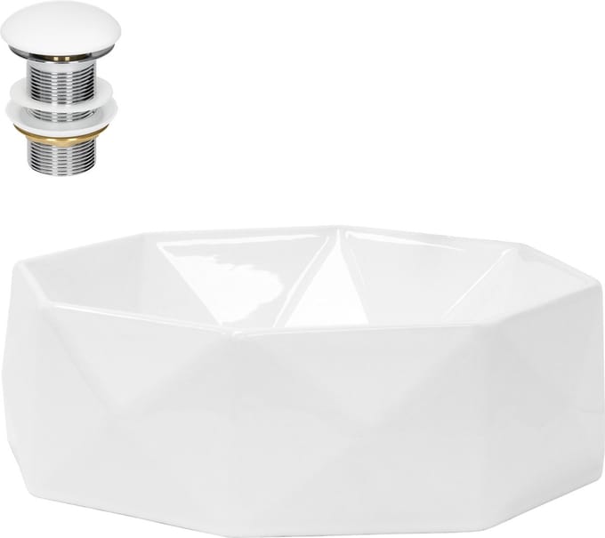 ML-Design wastafel keramiek wit glanzend Ø 42x13,5 cm inclusiv afvoergarnituur fara overloop design în forma de diamant vas de baie chiuveta moderna bol pentru baie lavoar de mâna pentru baie
