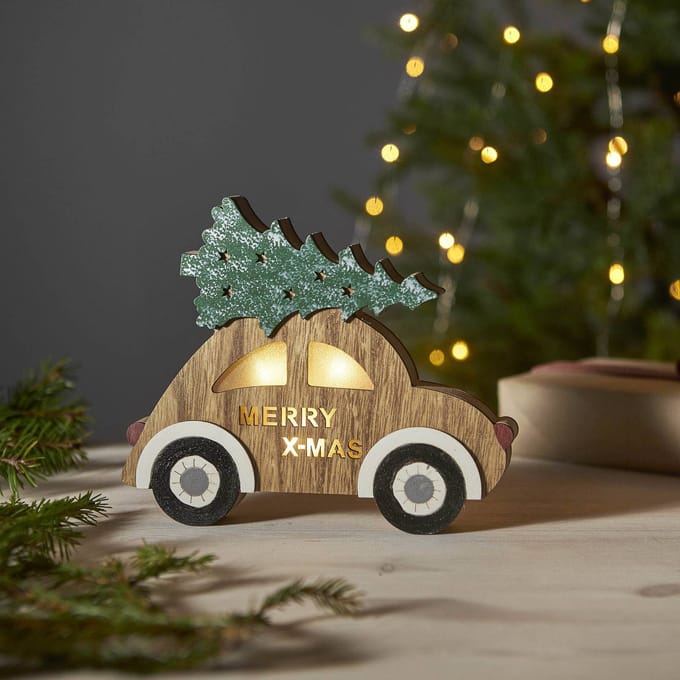 Kerstauto "Billy" 17cm -lichtkleur: Warm Wit -Werkt op batterijen -Met timer functie -Kerstdecoratie
