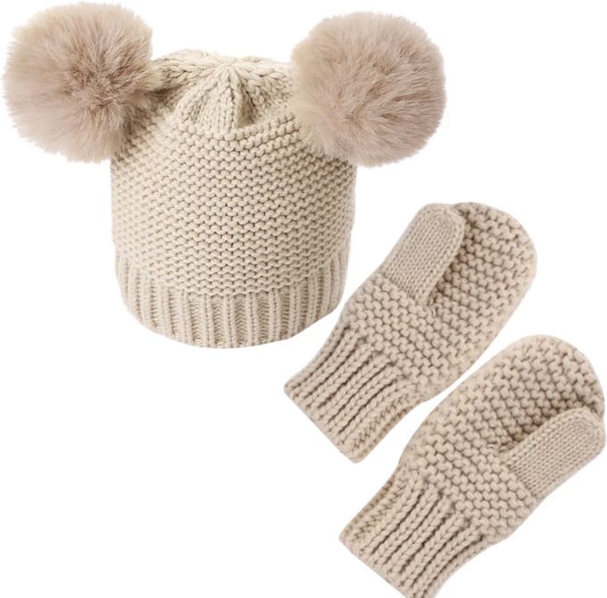 Il BAMBINI - Winterse set voor kinderen - Muts met Pom Pom en wanten - Beige - 1- 3 jaar