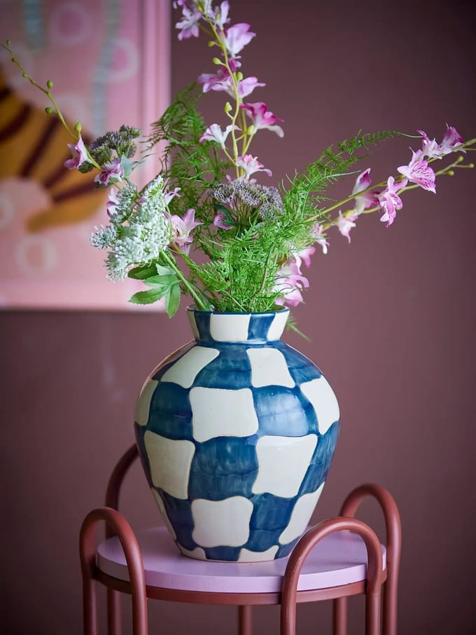 Bloomingville Vaas aardewerk blauw Check 24cm