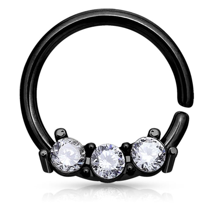 Piercing hoop ring 3 CZ steentjes 1x8 - zwart - LMPiercings