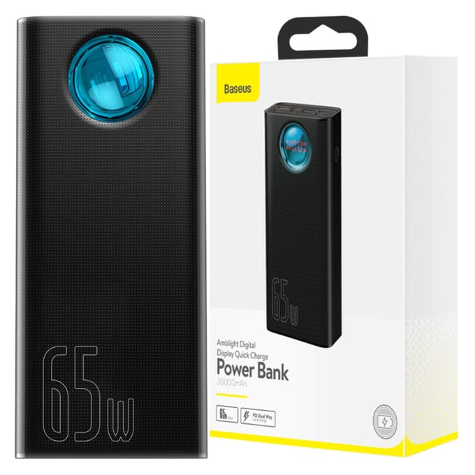 Externe Batterij Baseus Amblight Digital Display, 30000mAh, 65W, QC + PD, 1 x USB-C - 4 x USB-A, Zwart PPLG000101