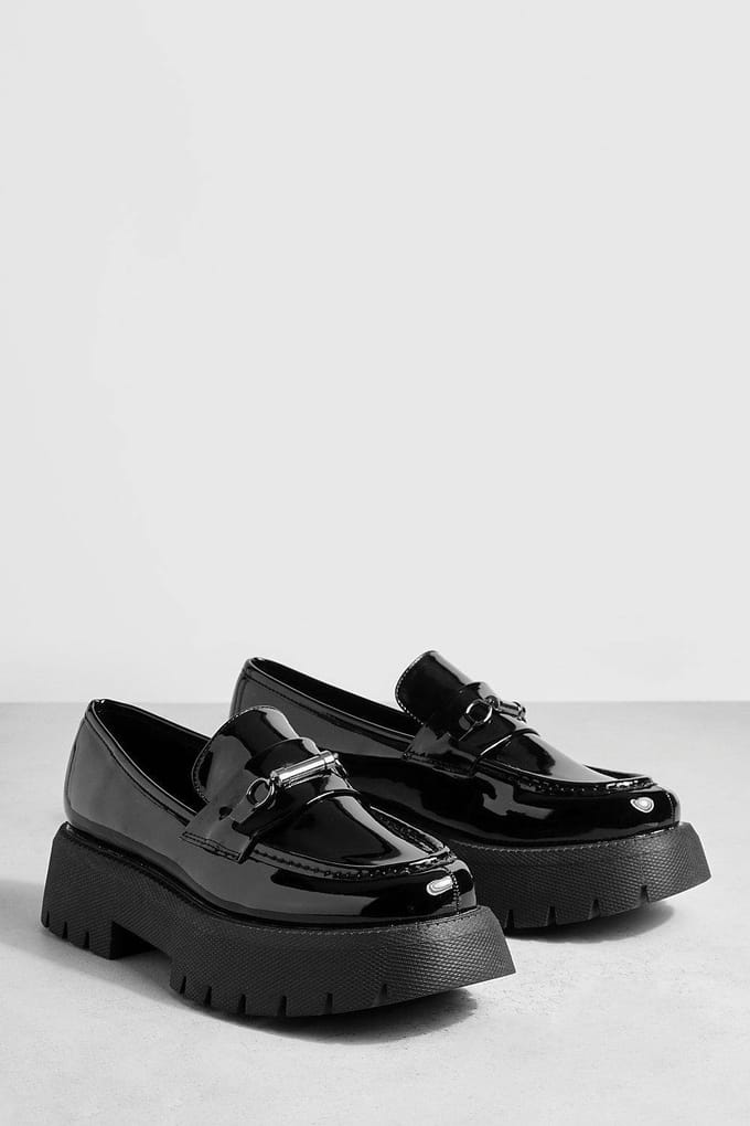 boohoo Dames Wide Fit Platform Chunky Sole T Bar Loafers | Black | Maat: 3
