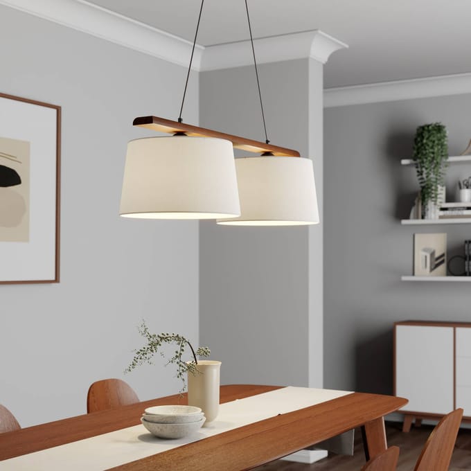 Lamkur Hanglamp Zweden, antiek wit, textiel, walnoot, 2-lamps