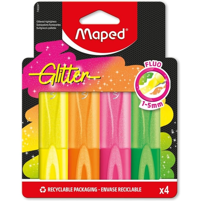 Markeerstift Maped Glitter set à 4 fluoriserende kleuren | 12 stuks
