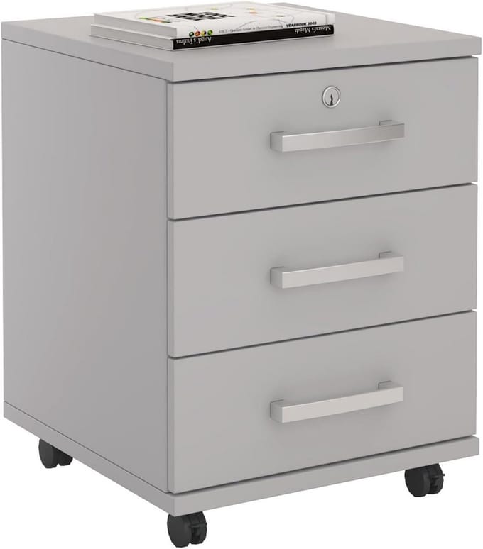 Rolcontainer kantoorkast lichtgrijs afsluitbaar met 3 laden 44 x 58 x 45 cm