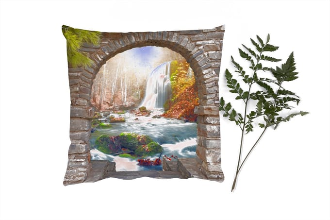 Sierkussens - Kussentjes Woonkamer - 45x45 cm - Doorkijk - Waterval - Herfst - Landschap