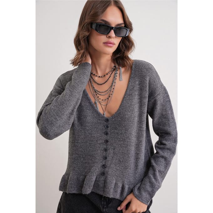 Lichtgewicht V-hals Tricot Top met Knopdetails