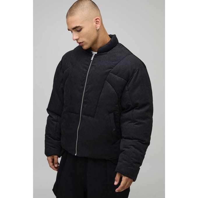 Boxy Fit Washed Nylon Duvet Funnel Neck Puffer Jacket | Black | Size Medium