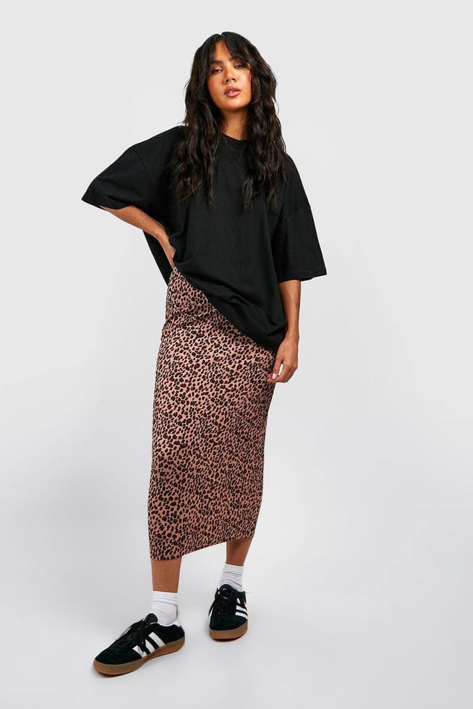 boohoo Dames Leopard Geribde Midaxi Rok | Steen | Maat: 40