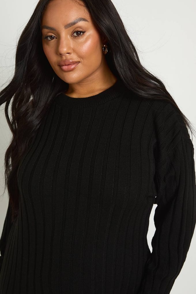 boohoo Dames Plus Chunky Rib Zachte Gebreide Midaxi Jurk | Zwart | Maat: 48
