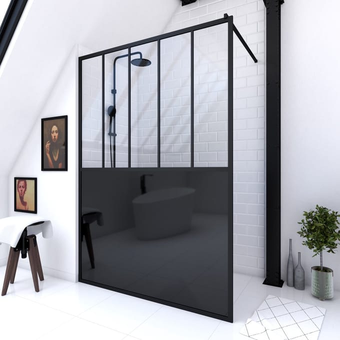 Paroi de douche 140x200 cm type Verriere - Verre trempe et Structure aluminium noir mat