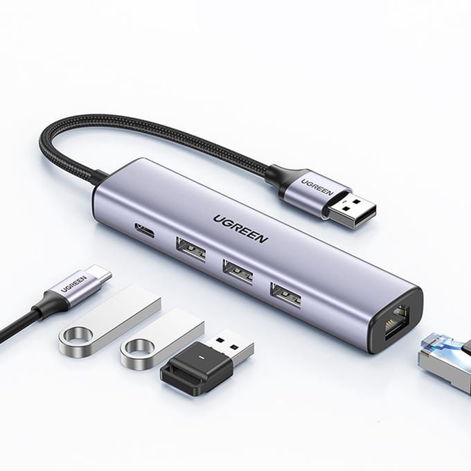 Ugreen - Multifunctionele HUB Adapter - USB 3.0 - 3x USB - Ethernet RJ-45 - USB-C PD - Grijs