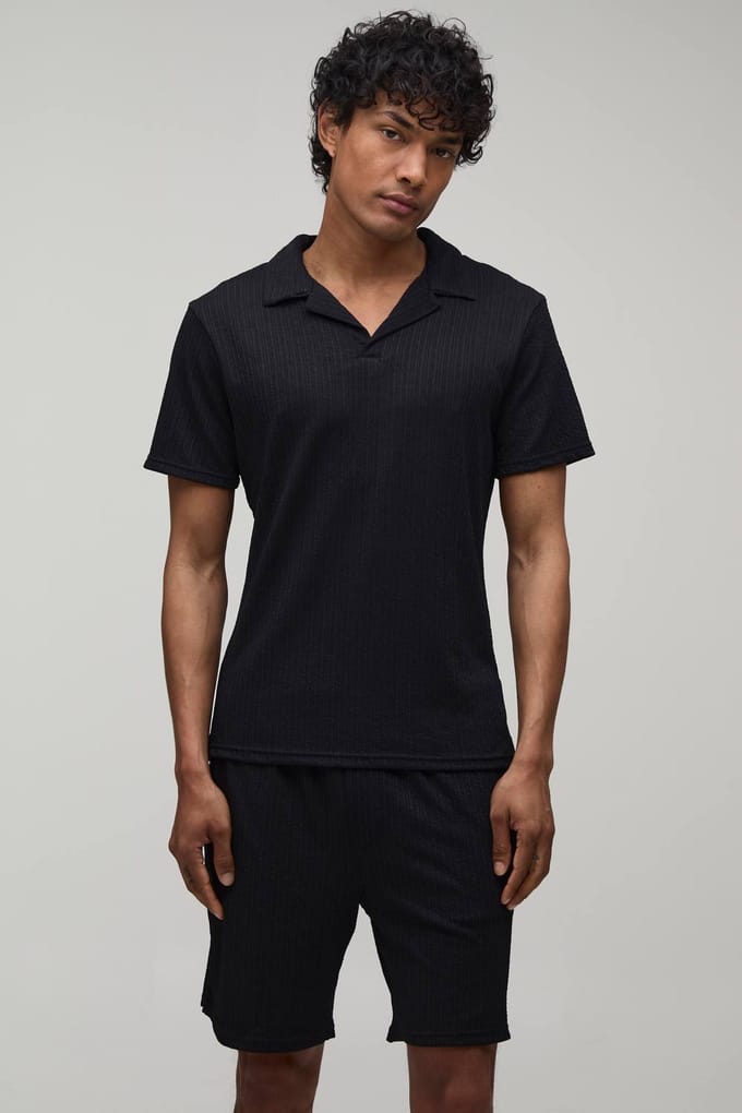 Jersey Gestructureerde Geribbelde Slim Fit Polo & Relaxed Short Set | Black | Size Medium