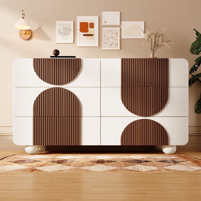 Sweiko Ladekast - 6 lades - Gebogen ontwerp - Soft-close geleiders - 121x71x41 cm - Chocoladebruin + Wit