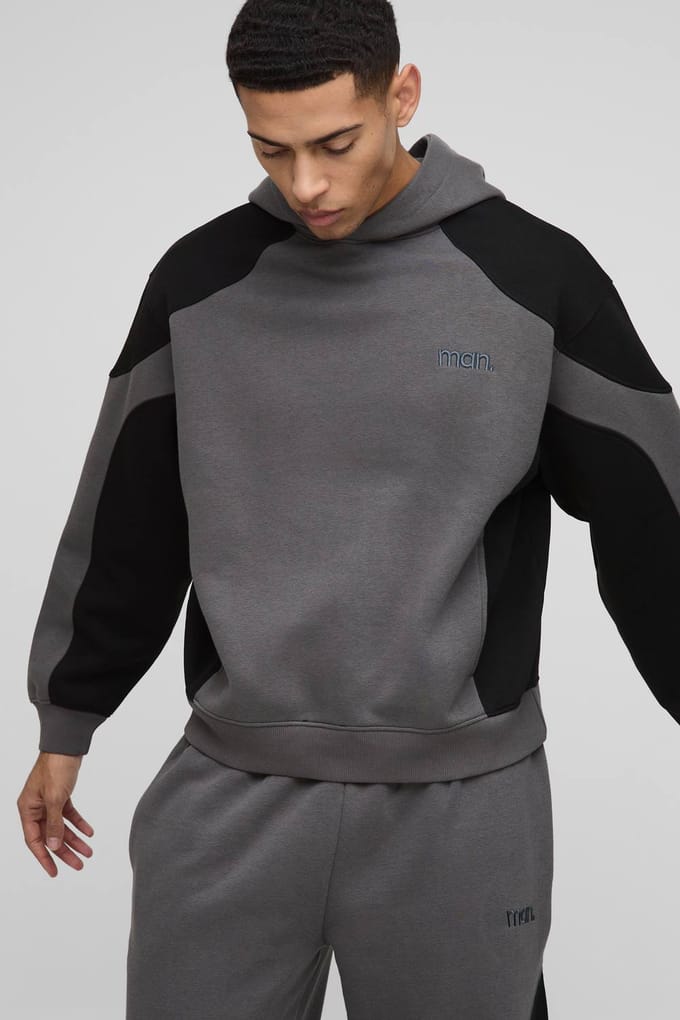 Oversized Boxy Men's Met Naaddetail Capuchon Trainingspak | Black | Size Small