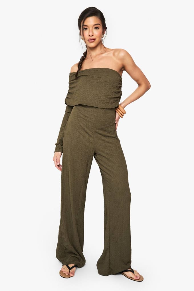 boohoo Dames One Shoulder Wide Leg Getextureerde Jumpsuit | Khaki | Maat: 14