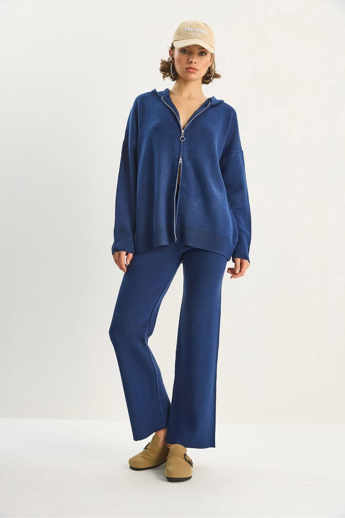 Hoge Taille Rits Kraag Cardigan en Broek Set