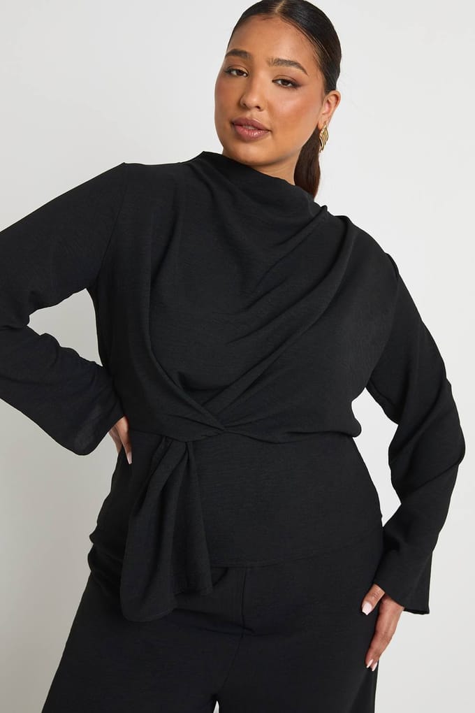 boohoo Dames Plus Geweven Draperende Lange Mouw Blouse & Broek Co-Ord | Zwart | Maat: 48