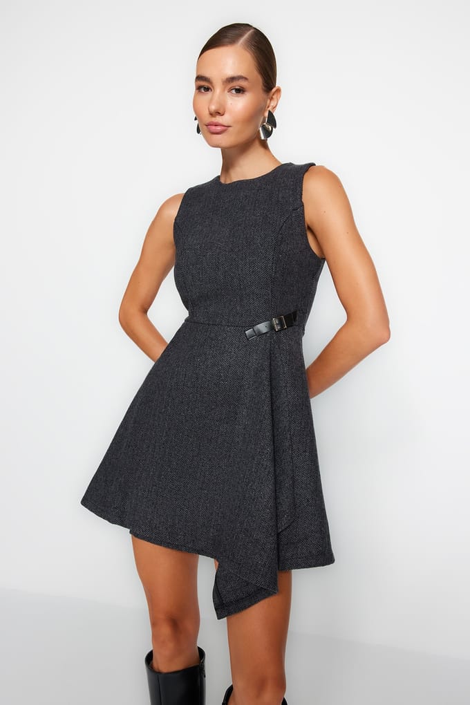 Dames Grau Fischgrät Mini Mouwloos Casual Regular fit Jurken