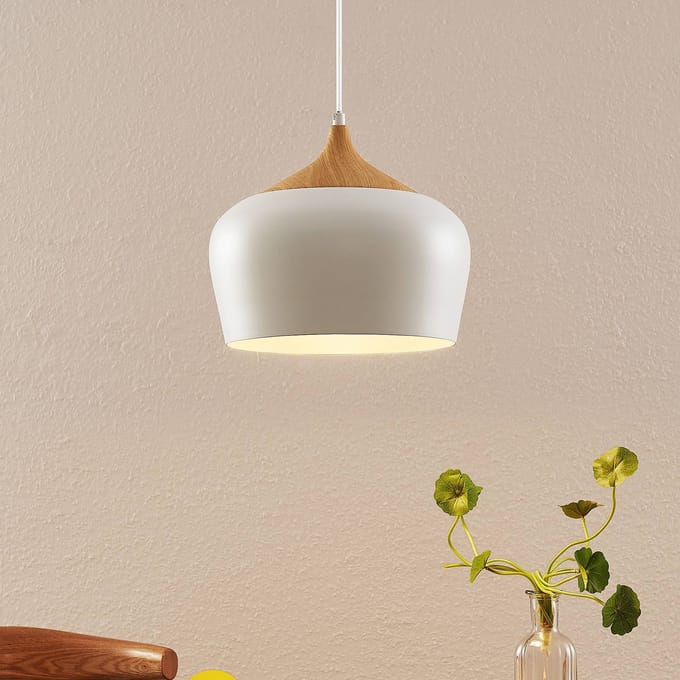 Lindby - hanglamp - 1licht - Metaal, hout - H: 25.5 cm - E27 - wit, licht hout