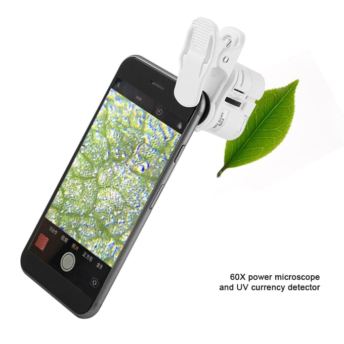 9595W 60X Vergrootglas LED UV-licht Mini Mobiele Telefoon Clip Microscoop