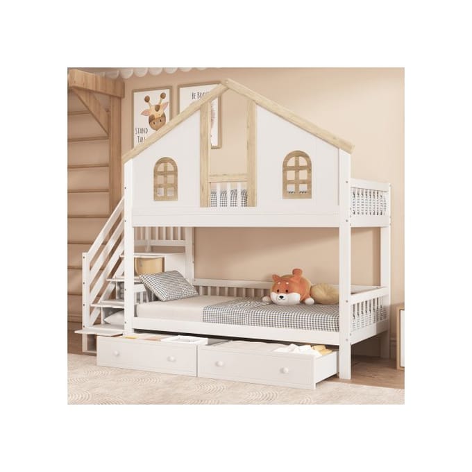 Stapelbed - MUVOE - 90x200 cm - Wit en natuurlijke tinten - 2 lades - Veiligheid EN747 wit