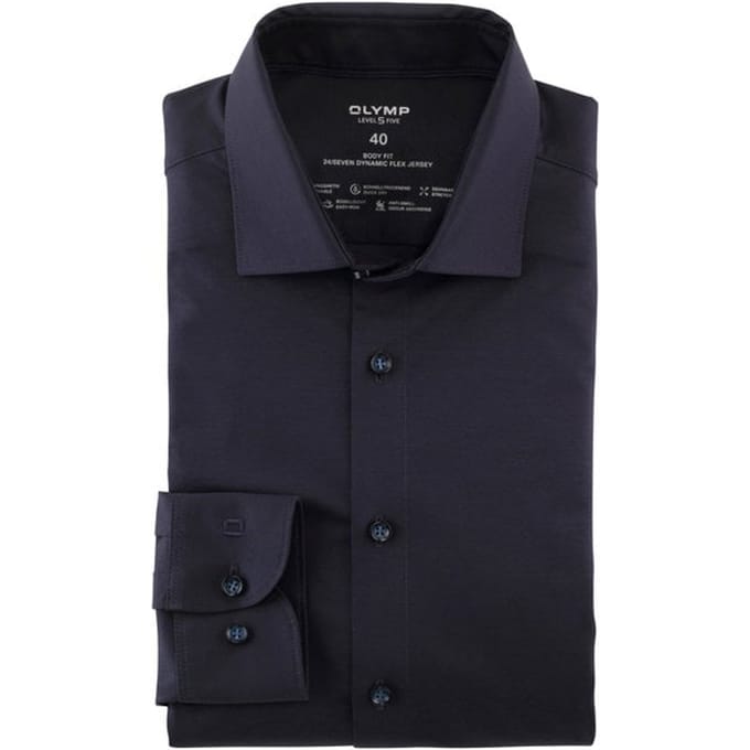 OLYMP Level 5 24/Seven body fit overhemd - mouwlengte 7 - marine blauw tricot - Strijkvriendelijk - Boordmaat: 46
