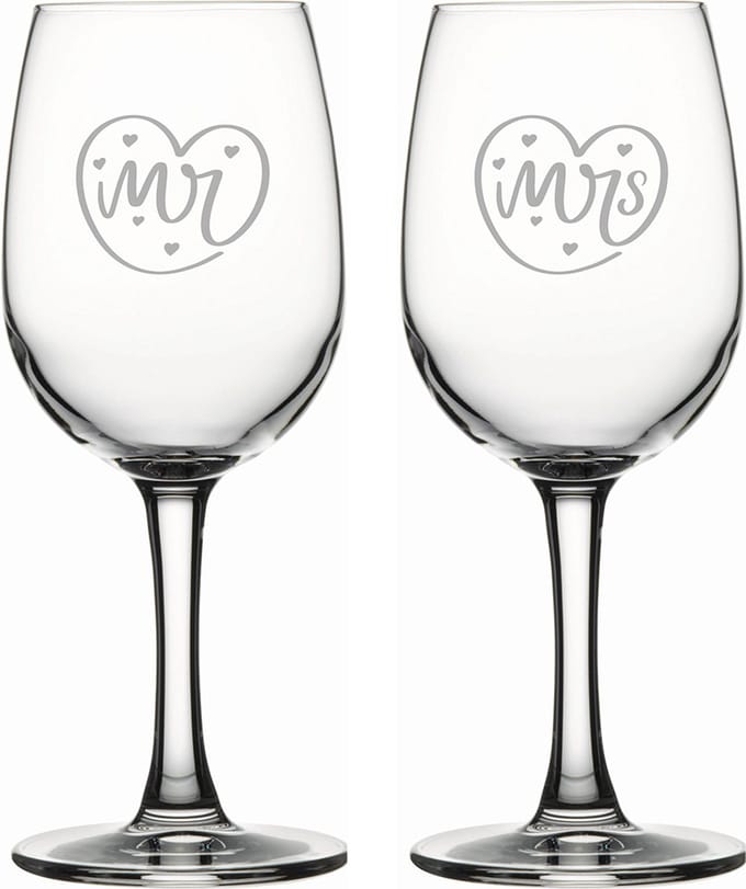 Gegraveerde set witte wijnglazen 26cl Mr. In hartje - Mrs. In hartje