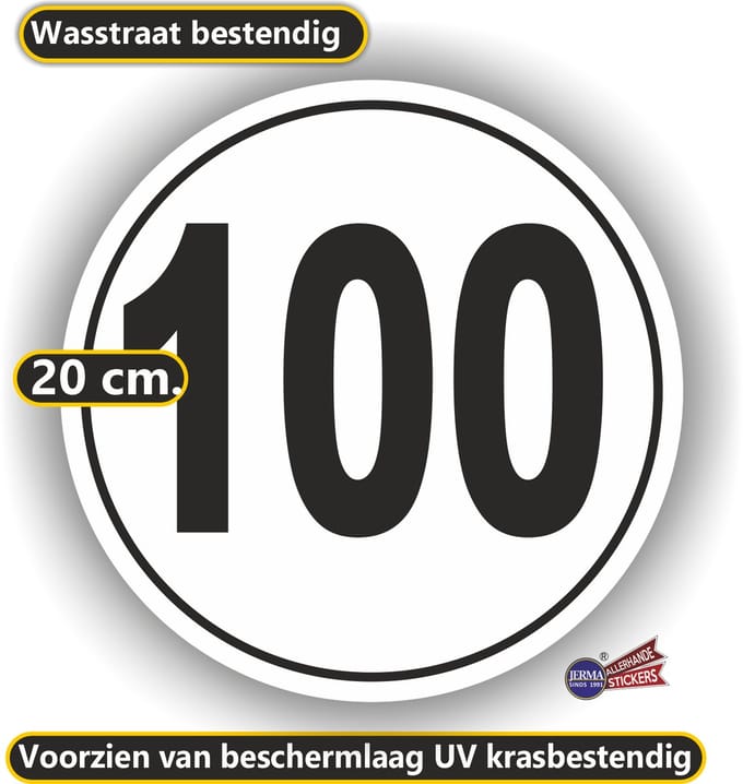 Jerma - Snelheid - 100 km/h - Sticker - Ø 20 cm - Zwart-Wit - Zelfklevend - Vinyl - Weerbestendig