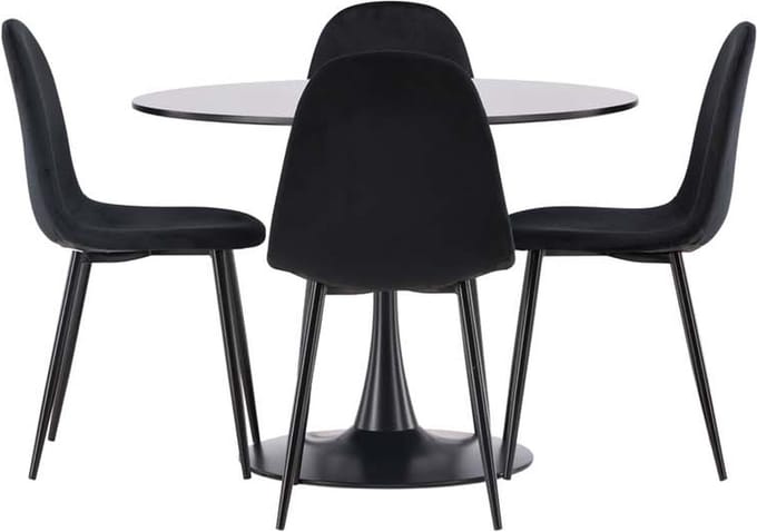 Glade eethoek tafel zwart en 4 Polar stoelen zwart.