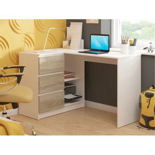 Akord Hoekbureau B16 - 124 cm Links - 3 Laden - Wit/Sonoma Eiken - Mat - Zelfmontage - Functioneel Design