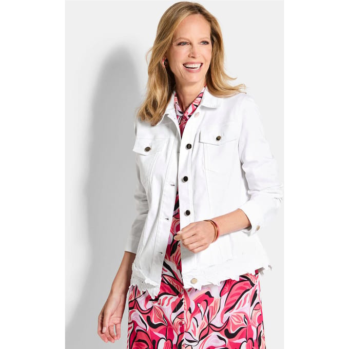 Jeansjasje met bloemenrand - wit - Gr. 48 van Goldner Fashion
