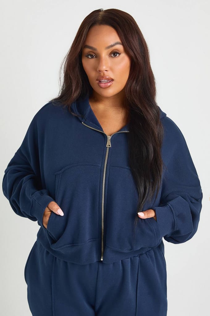 boohoo Dames Plus Core Basic Boxy Ballon Mouw Oversized Ritssluiting Hoodie | Marineblauw | Maat: 50