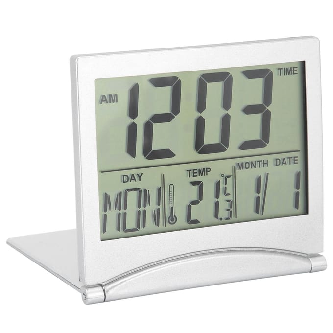 Elektronische compacte bureauwekker, opvouwbare kalender, temperatuurtimer voor op reis gray
