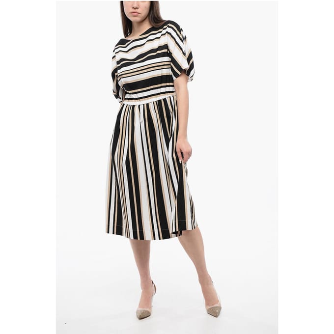 Kleurblok gestreepte SCULLY uitlopende jurk in beige, wit en zwart