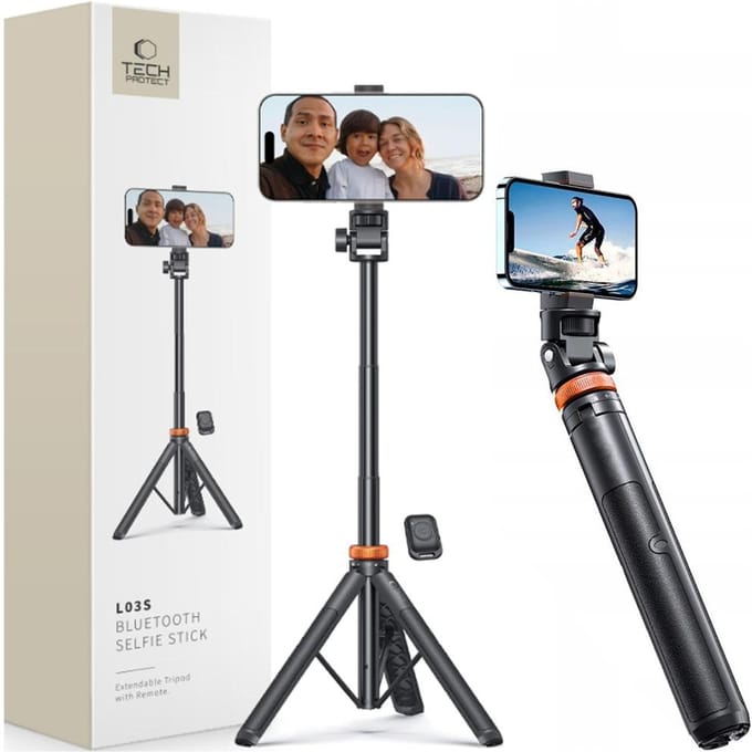 Tech-Protect L03S Bluetooth Selfie Stick with Remote Control Tripod up to 148cm and 180 Head - Black
