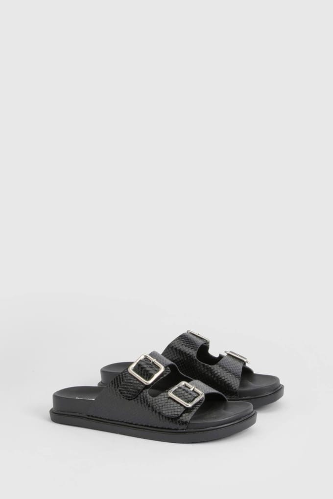 boohoo Dames Platform Slippers Met Gespsluiting En Dubbele Bandjes | Black | Maat: 4