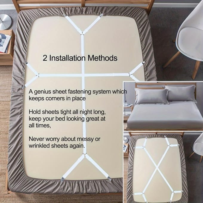 Sangle de support de drap réglable en 2 pièces - Support croisé pour toutes les tailles de matelas, attaches triangulaires élastiques, nylon noir, support de drap blanc