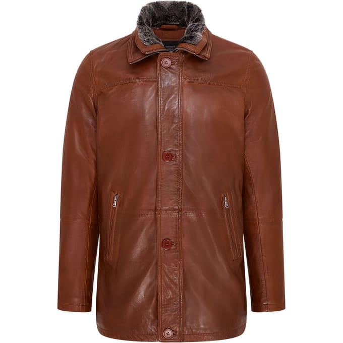 Heren Tan Mid-Length Warme Leren Trenchcoat - Varkaus