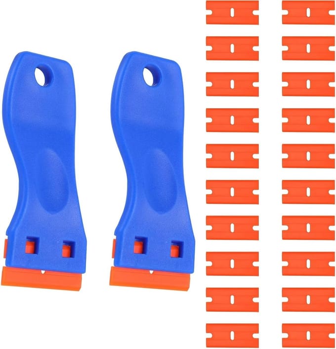 Mini plastic schraper met 20 vervangbare bladen, ideaal voor het verwijderen van lijm, stickers en glasresten