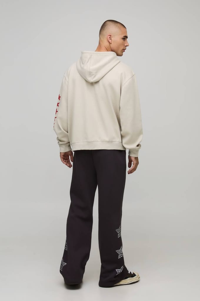 Stone Oversized Boxy Western Print Zip Through Hoodie | Size Medium