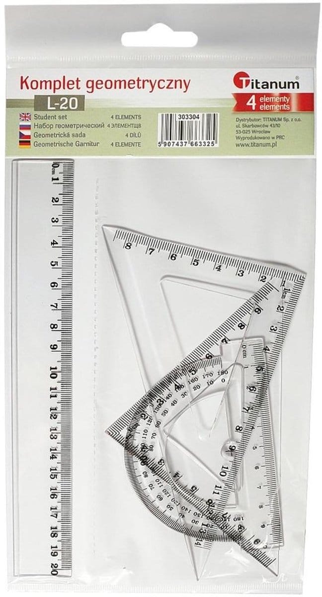 4-delige Geometrie Set: Liniaal, Gradenschaal, 2x Tekenhaak