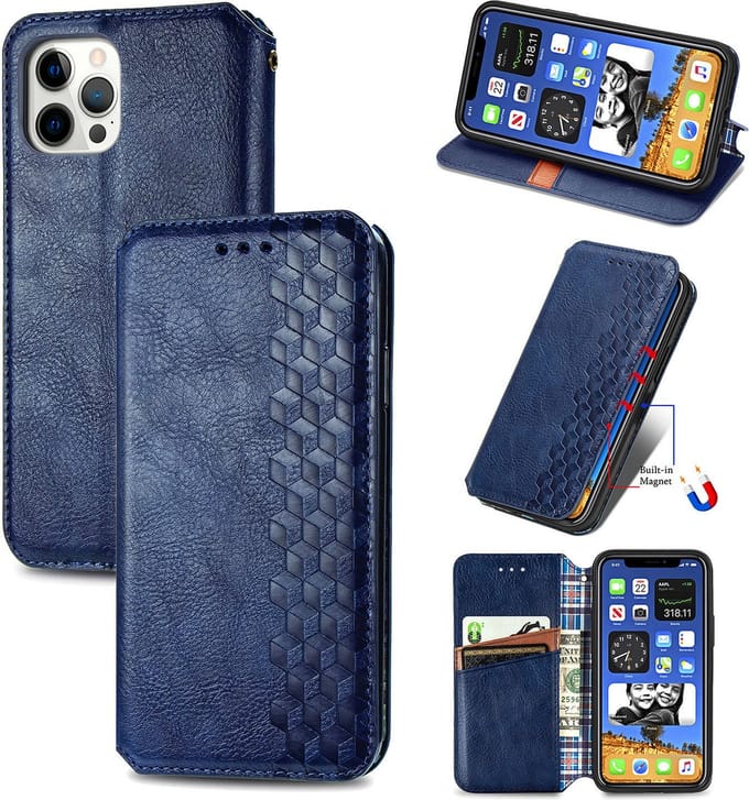 Luxe PU Lederen Ruitpatroon Wallet Case + Screenprotector voor iPhone 12 / 12 Pro _ Blauw